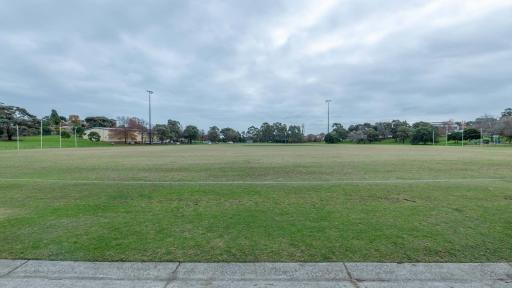 A grass sportsfield surrounded by trees. AFL goal posts can be seen on either end 