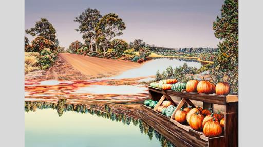 A landscape painting featuring pumpkins and a lake in the foreground, with a red dirt road and gum trees in the background.