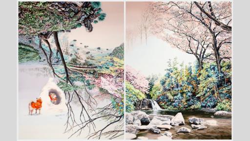 Two paintings sit side by side. On the left, the snowy landscape is upside down. Two dogs wearing orange vests are looking at each other. The right-hand panel features a shallow rock pool and pink blossom trees.