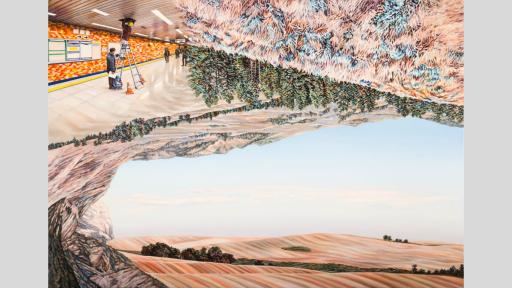 A disorienting landscape painting with blue sky in the middle and land above and below. In the top left-hand corner is a train station with workmen, a ladder and traffic cones.