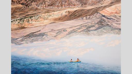 Two young boys paddle in a canoe under a blue sky. Above the sky is an inverted dry mountainous landscape.