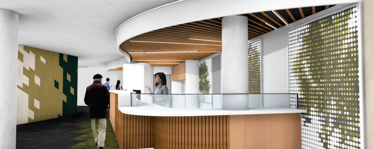 Artistic render of the new customer service area showing a modern counter with someone serving a customer