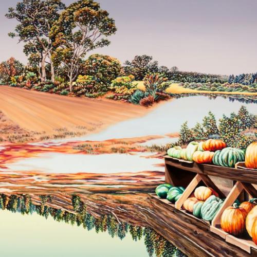 A landscape painting featuring pumpkins and a lake in the foreground, with a red dirt road and gum trees in the background.