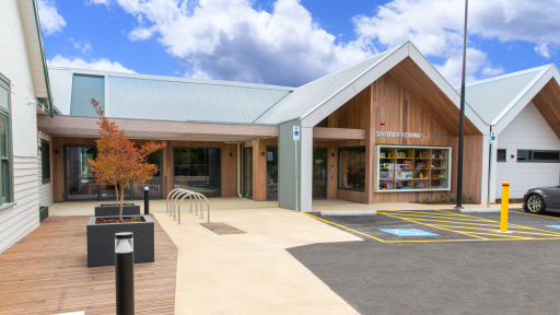Entrance to the new Canterbury Community Precinct building, a wooden clad structure with modern architecture