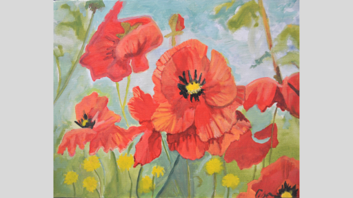 Paint artwork depicting red poppy flowers in a field, with yellow flowers underneath.