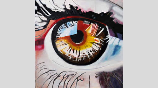 Paint artwork depicting close-up of human eye, with square reflection in top left corner of eye.