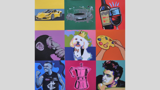 Paint artwork depicting panels of yellow sports car, sports stadium, red wine, monkey, dog, paint easel, AFL football player, coffee jug and Elvis Presley.