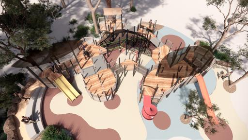 A render of what the timber play structure might look like, looking at the structure from near the slide beside the activity panels area, and showing the multi-levels platform area and the accessible ramp in use, and also the multicoloured rubber floor surface below the structure.