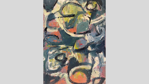 Abstract painting featuring dark and muted colours. The main background colour is a dark, washed out teal. Dark winding strokes accented by cream paint swirl throughout the painting. The dark strokes create loops and abstract shapes featuring orange, peach, and yellow swatches of paint.