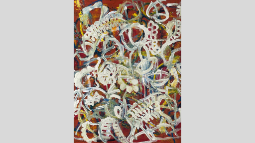 Abstract painting featuring primarily dark rust, yellow, dark blue, and white paint. The background colour is rust, with yellow and blue swirled lines. The white paint is at the forefront, creating swirls and vaguely botanic shapes.