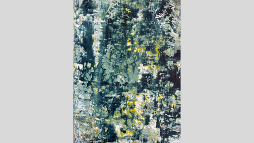 Abstract painting featuring yellow and teal shades of paint. The teal colours are mottled, with flecks of yellow paint from the middle to right side of the painting.