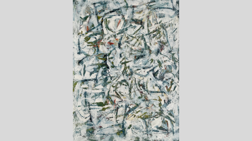 Abstract painting featuring white, green, and dark blue paint. The majority of the painting is white brushes of paint, with thin streaks of green and dark blue strokes at the forefront.
