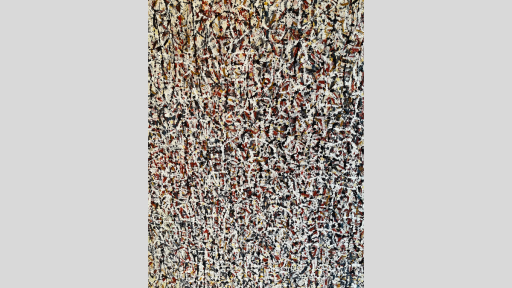Abstract painting featuring rust, dark blue, yellow, and white paint. The strokes are very thin and scattered, creating a dense, crackling effect. 