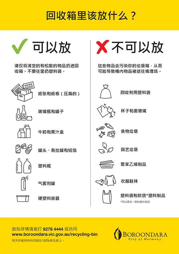 Mandarin version of recycling bin sticker listing what can and can't be placed in the household recycling bin. Downloadable PDF version available under 'Downloads'.