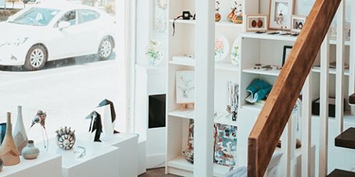 A shop window with different heights of risers to elevate items on display.