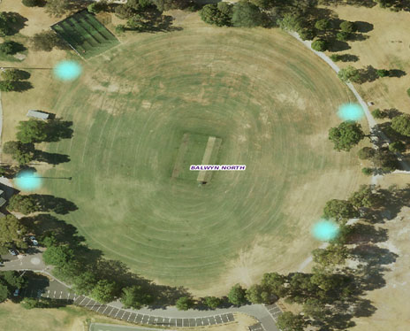 Aerial image of Macleay Park oval 1 showing proposed locations of lighting towers