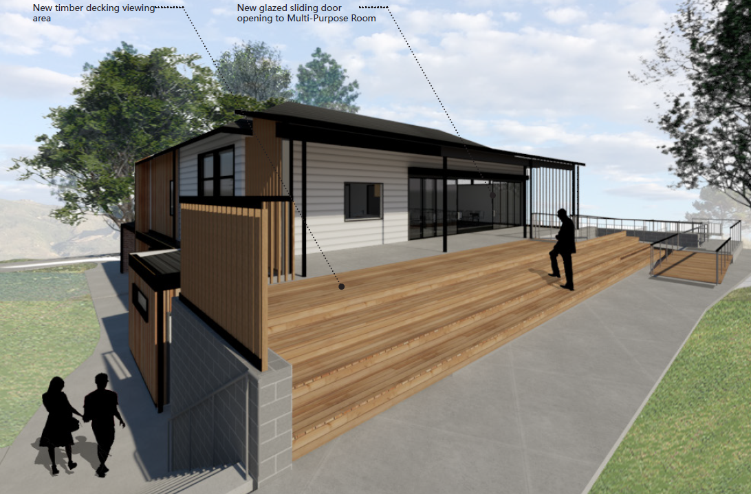 Artist’s impression of the Rathmines Road Reserve Pavilion from the Rathmines Road Reserve oval. Features a new timber decking viewing area and new glazed sliding door opening to the multipurpose room.