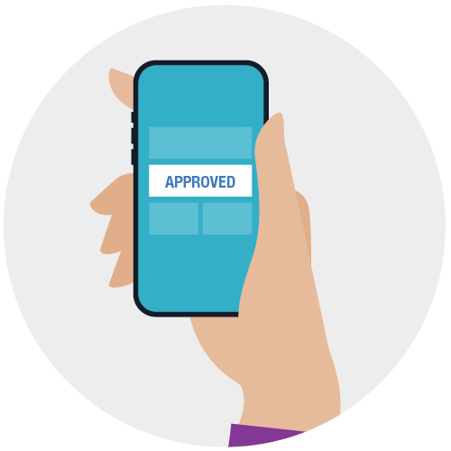 Hand holding a smartphone which displays the word 'approved'.