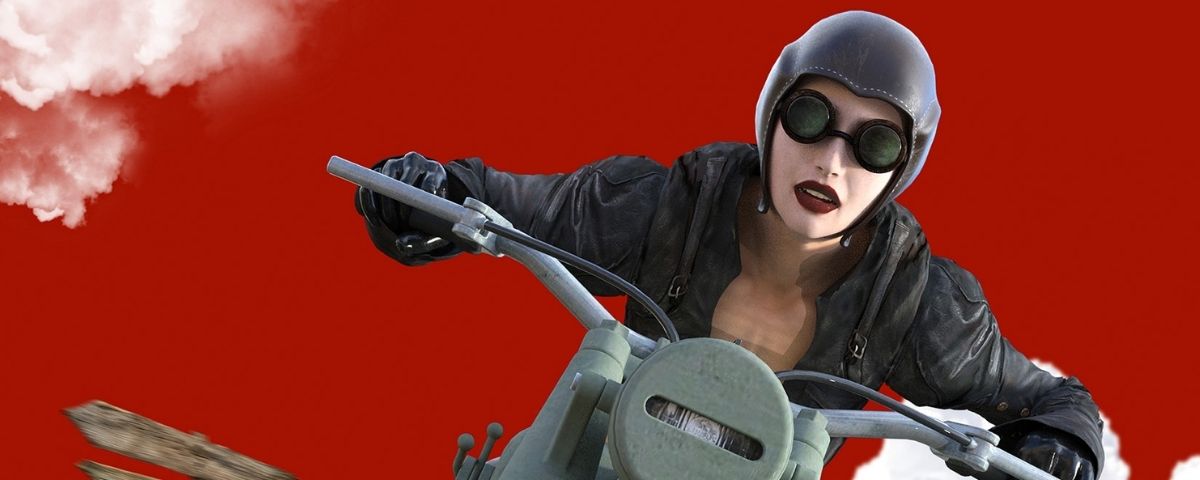 Digital artwork of front on view of woman wearing black jacket, helmet and goggles riding a motorbike. The background is red with a few scattered clouds.