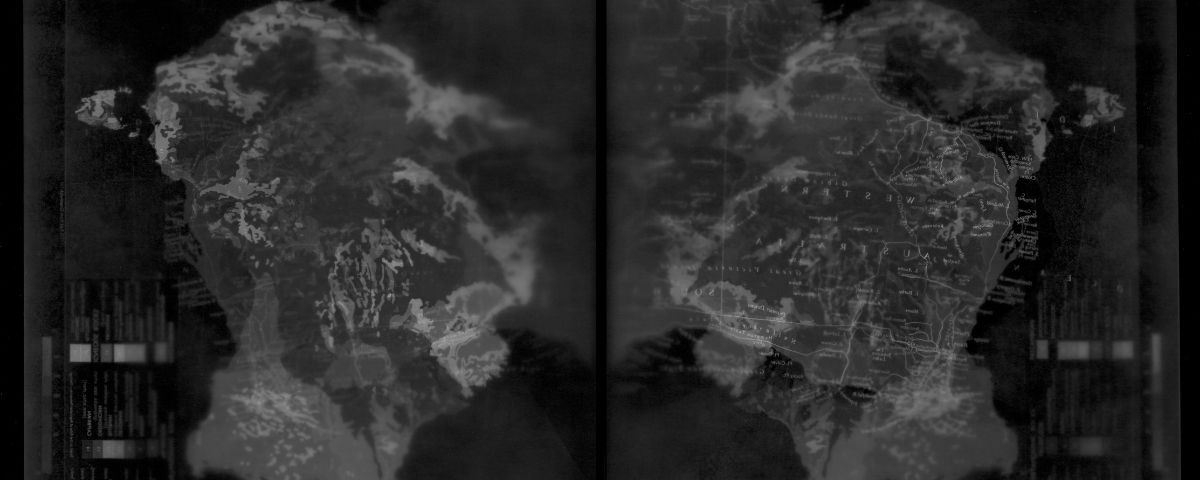Black and grey image made from layers of maps.