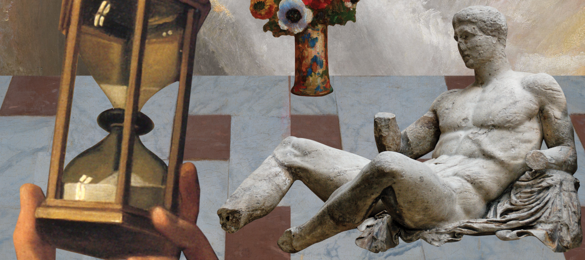 Digital collage of Renaissance imagery, including a marble statue, a hand holding a sand timer and a vase of flowers, all placed on a marble tiled floor.