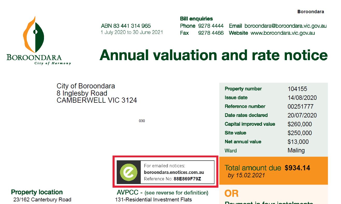 A screenshot of a rates notice highlighting where the eNotice reference number is located