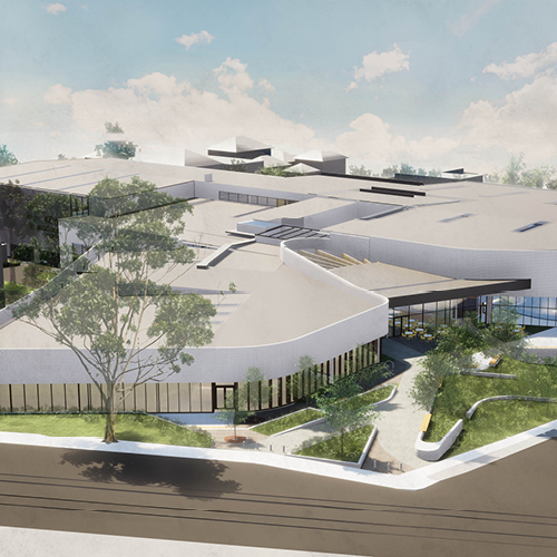 Artist's impression of the new Kew Recreation Centre. View from above, looking across the roof of the building and at new accessible pathways to the entrance and native gardens.