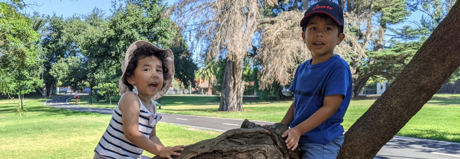 Two children climbing a tree.