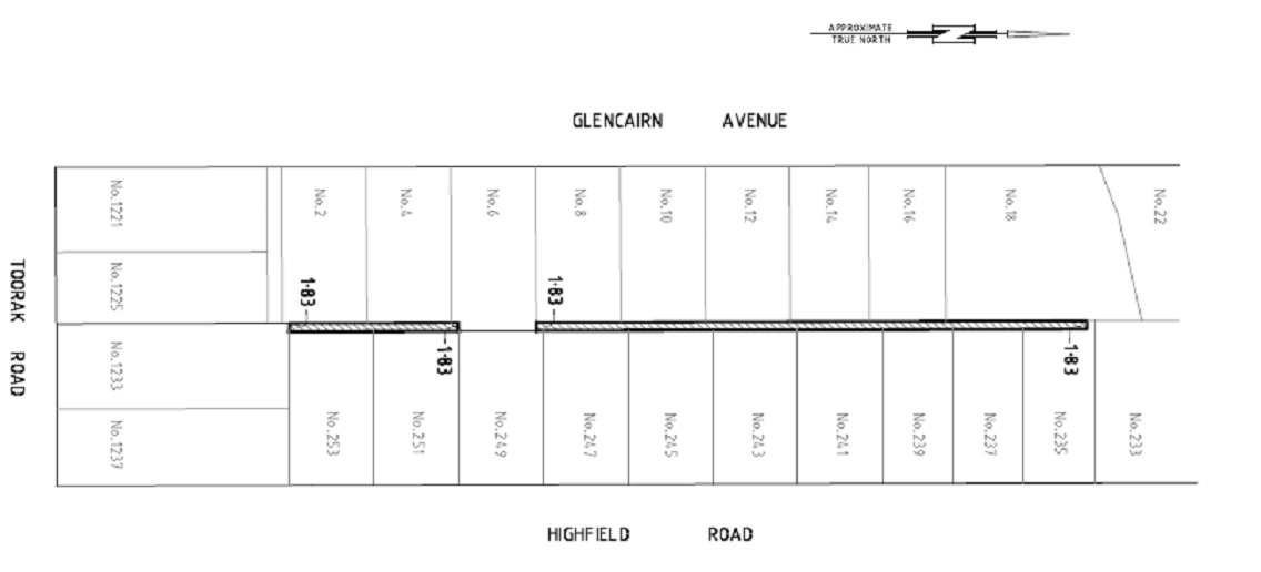 Drawing of the proposed sale of land from a drainage reserve - rear of 2 to 18 Glencairn Avenue and 235 to 253 Highfield Road, Camberwell