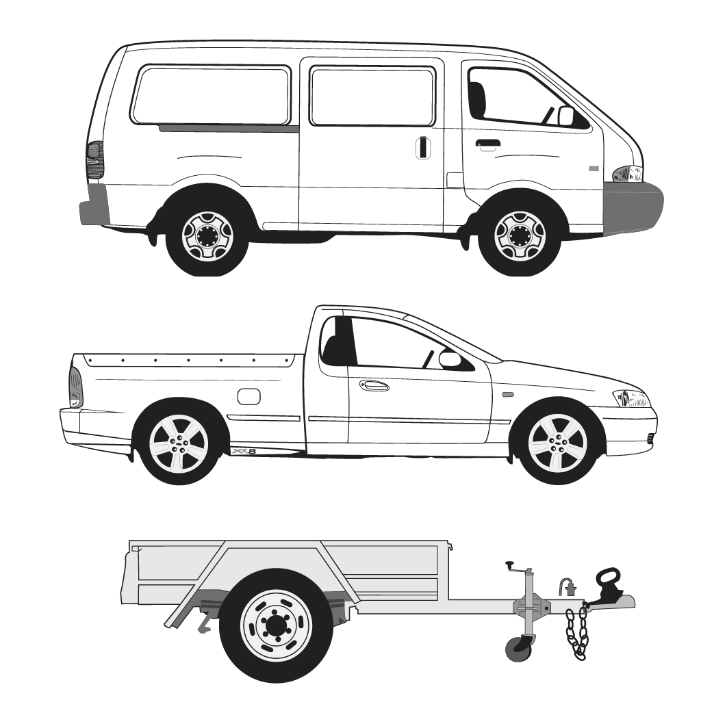 lllustration of small van, level utility and small trailer 