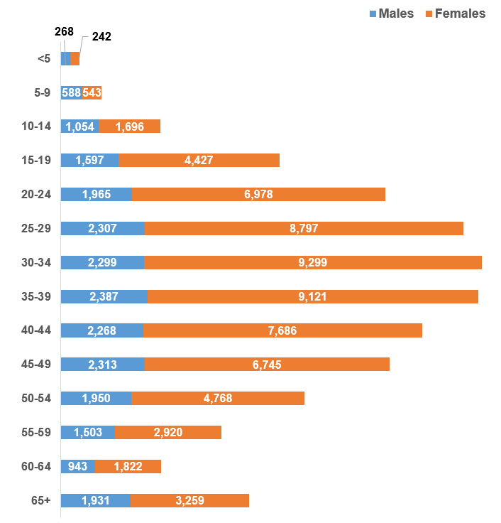 A graph that shows the recorded number of family members affected by family violence