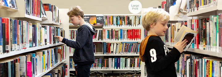 Two younger people looking through books on a library shelf