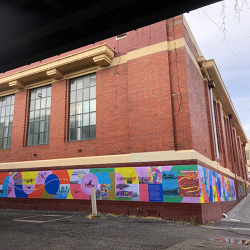 Students from primary schools local to Maling Road contributed to the All Aboard: Travel Through Time artwork in a laneway leading from Canterbury Station