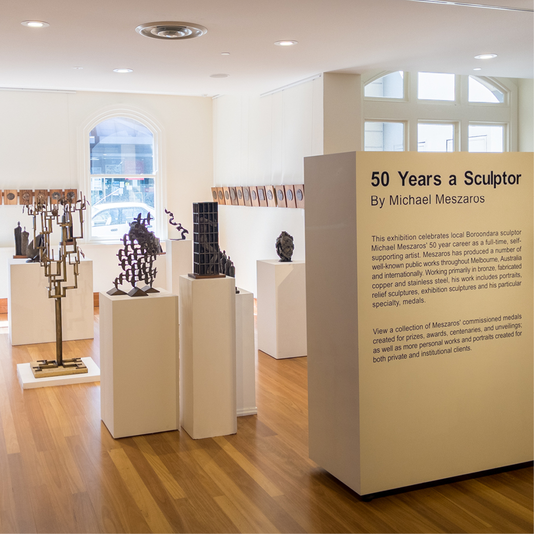 Installation shot of 50 years a Sculptor featuring metal sculptures.