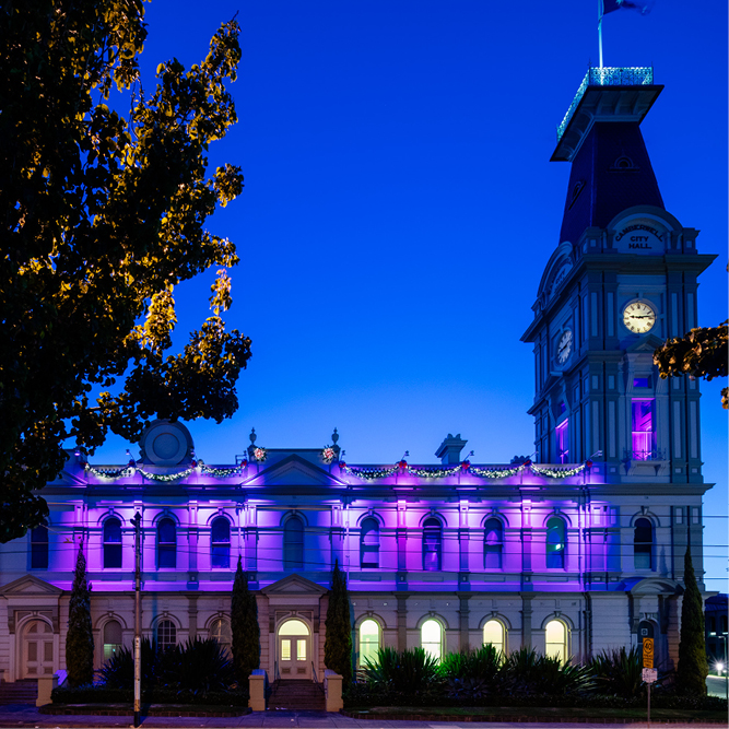 An illuminated building in the City of Boroondara