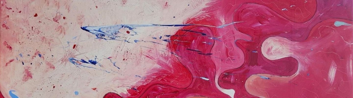 An abstract painting with flowing, watery shapes in cream, pink and red.