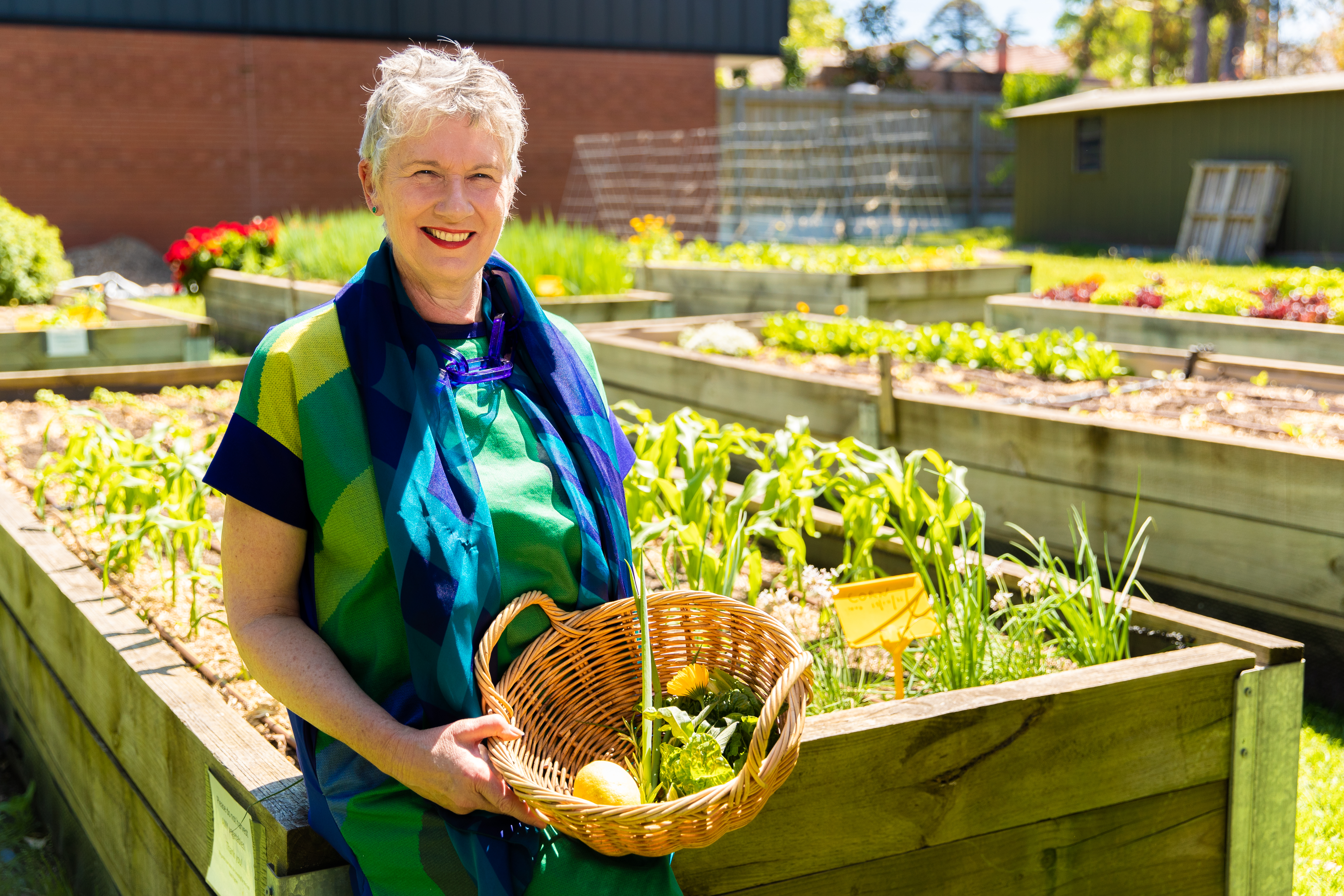 a woman stands with a basket of produce in front of raised garden beds