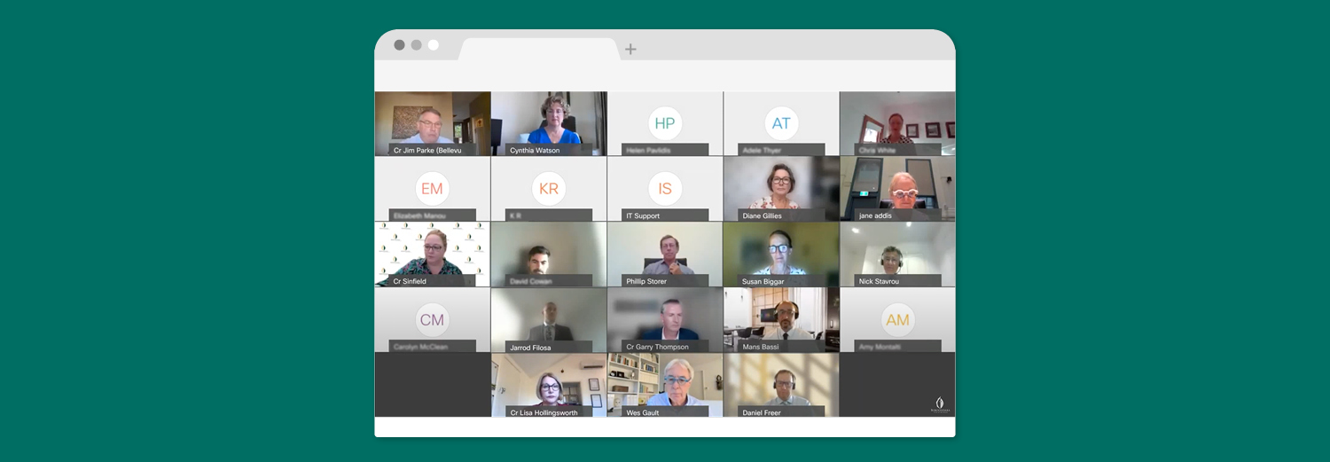 a grid of screens featuring council staff and councilors.