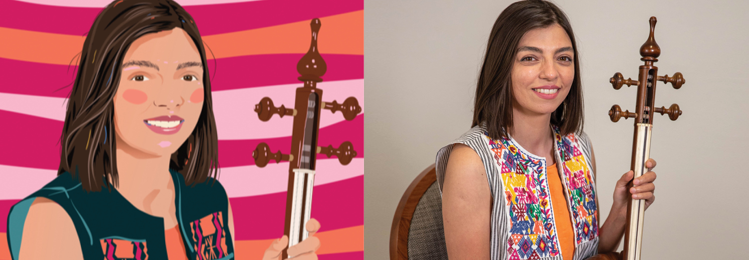 A photo of a woman holding a musical instrument and a painting of this photo