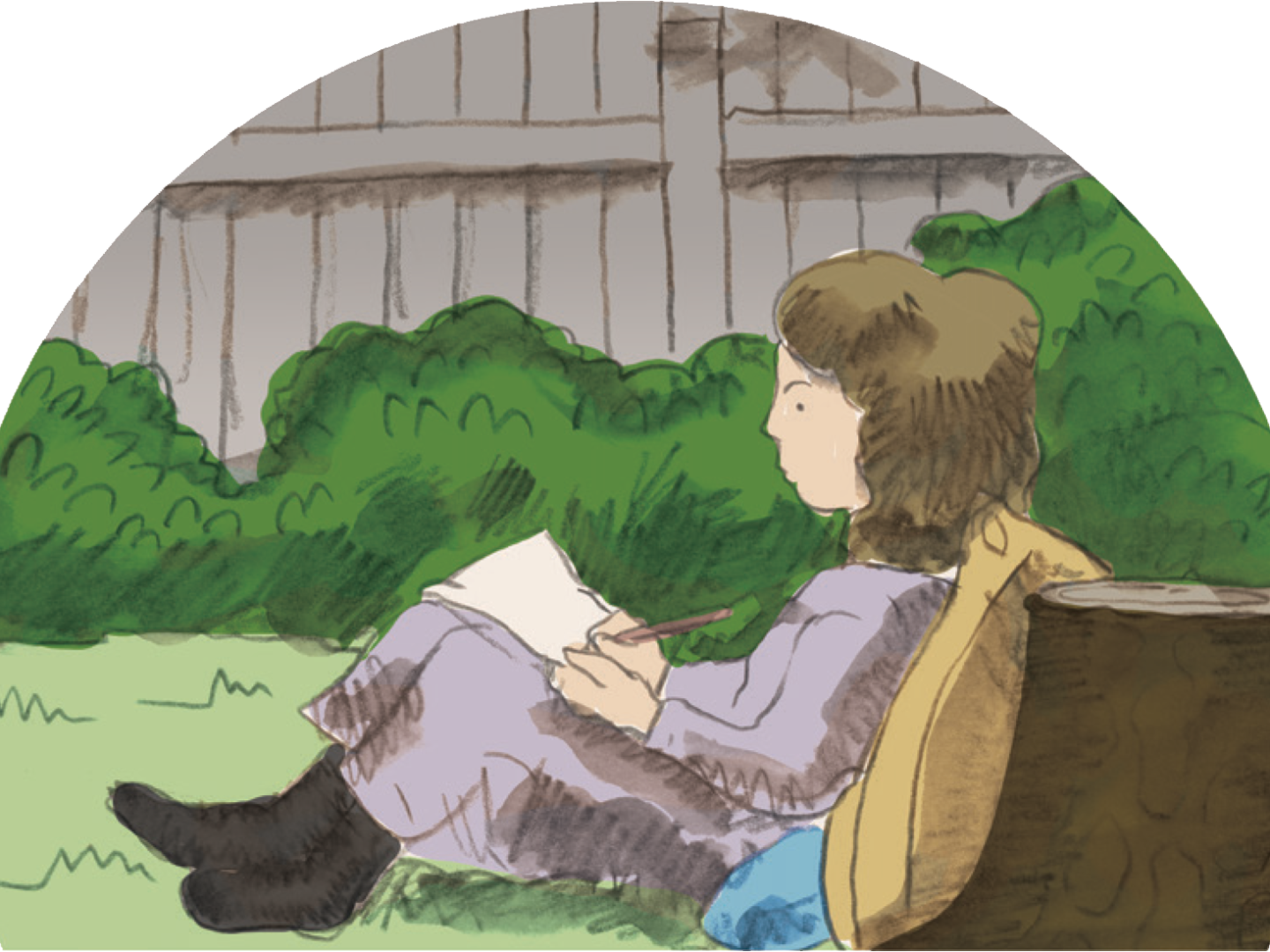 A young girl sitting against a tree writing in a book