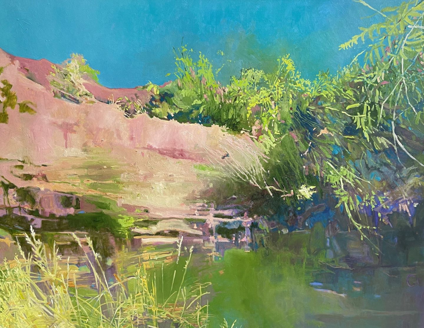 A painting of a still river suroounded by lush green foliage and pink hills leading down to the bank