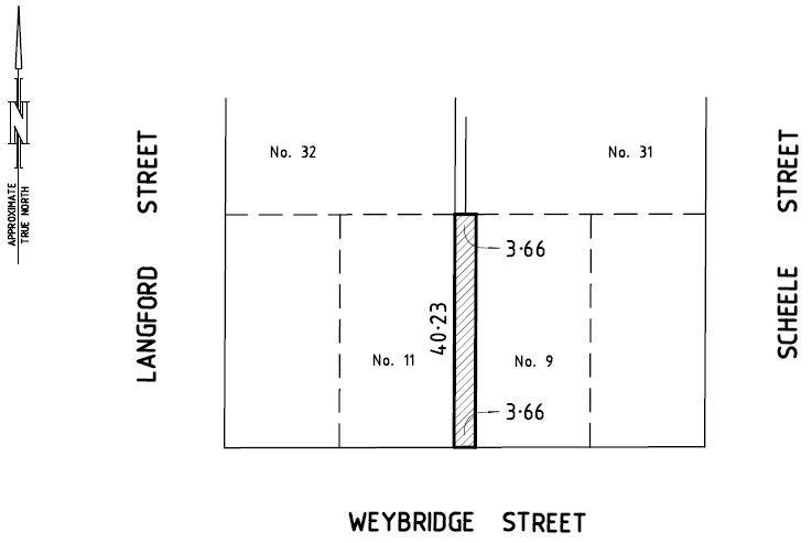 A map of the location of the sale of land from the 3.66m wide discontinued road adjoining 9 and 11 Weybridge Street, Surrey Hills.