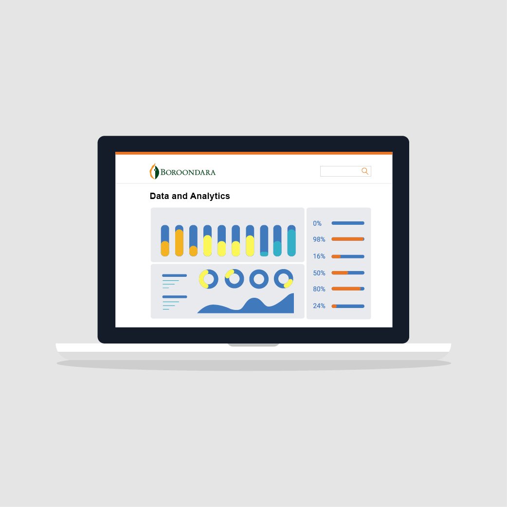 A laptop showing a screen with graphs and charts under the City of Boroondara logo and the text 'Data and Analytics'