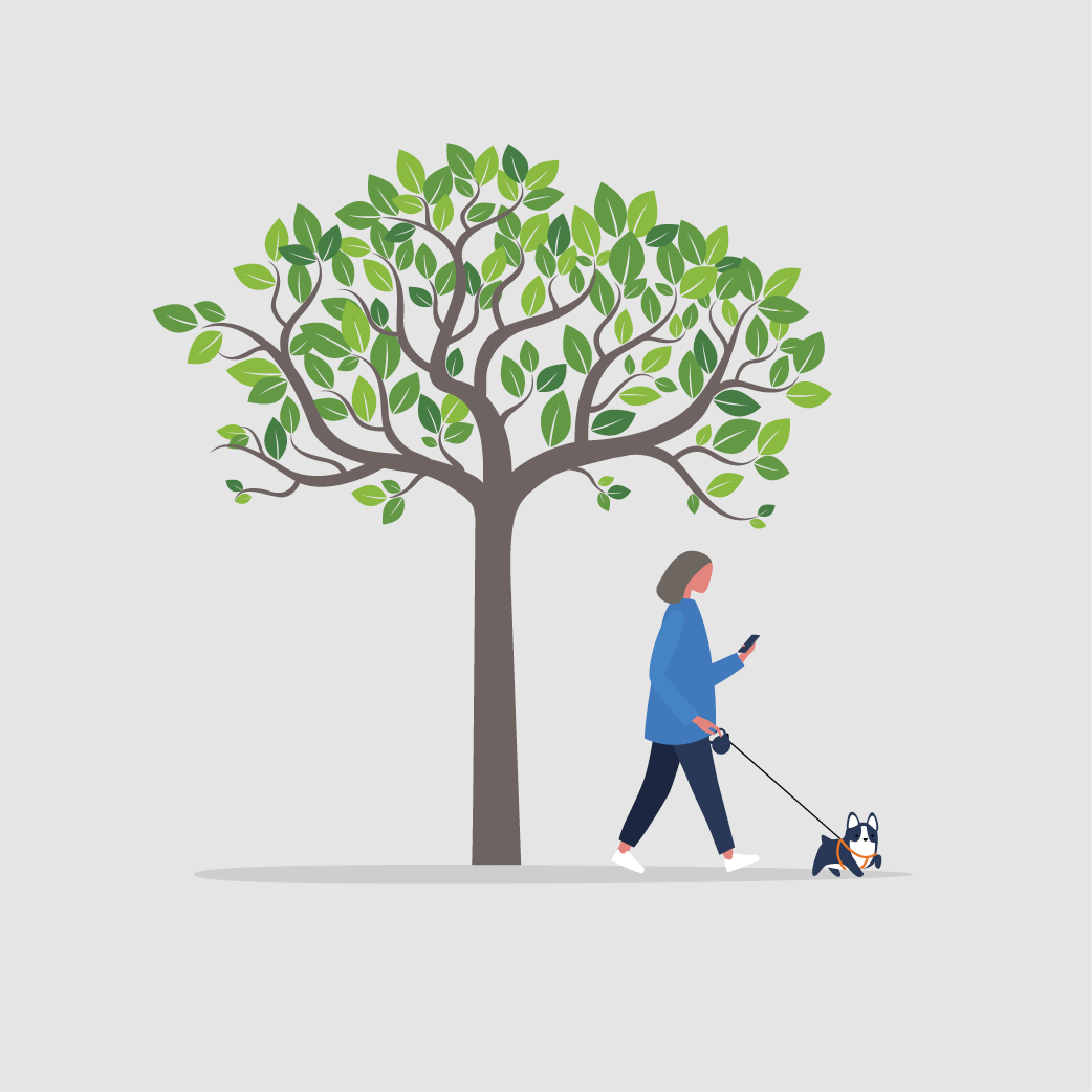 A person walking a small dog while using their phone and standing under a tree