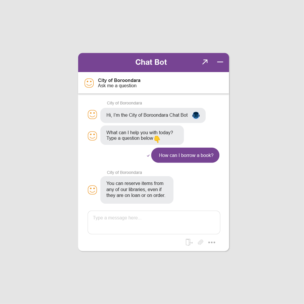 A chatbot conversation window showing the text 'Hi, I'm the City of Boroondara Chat Bot. What can I help you with today? Type a question below' and the reply 'How can I borrow a book?', to which the chatbot responds 'You can reserve items from any of our libraries, even if they are on loan or on order.'