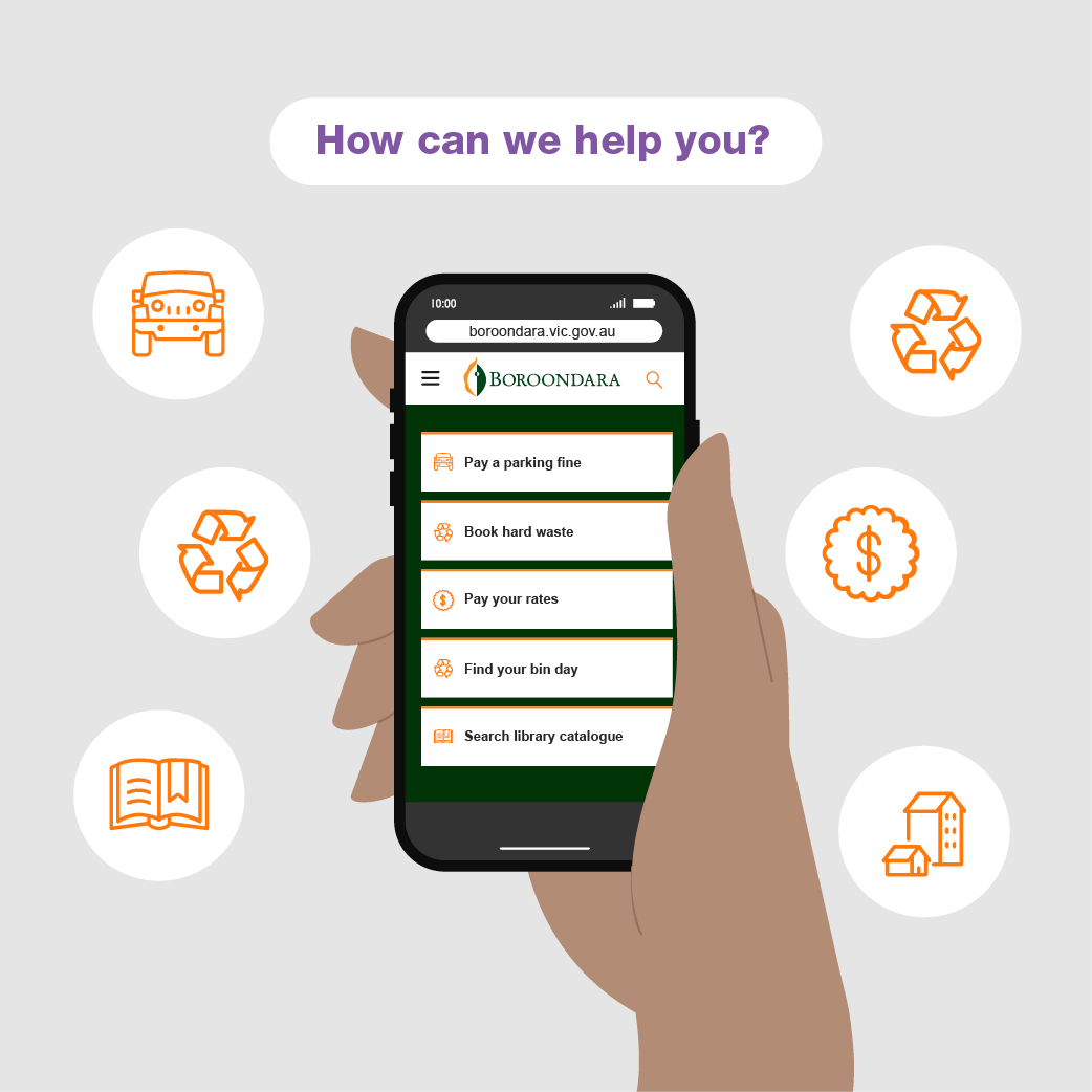A hand holding a smart phone that shows the city of boroondara website home page, with the top task buttons showing like 'Pay a parking fine, Book hard waste, Pay your rates, Find your bin day, and Search library catalogue'