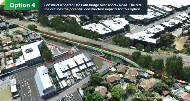 An image that represents Option 4, which is a proposal from the Department of Transport to build a shared path bridge over Toorak Road.