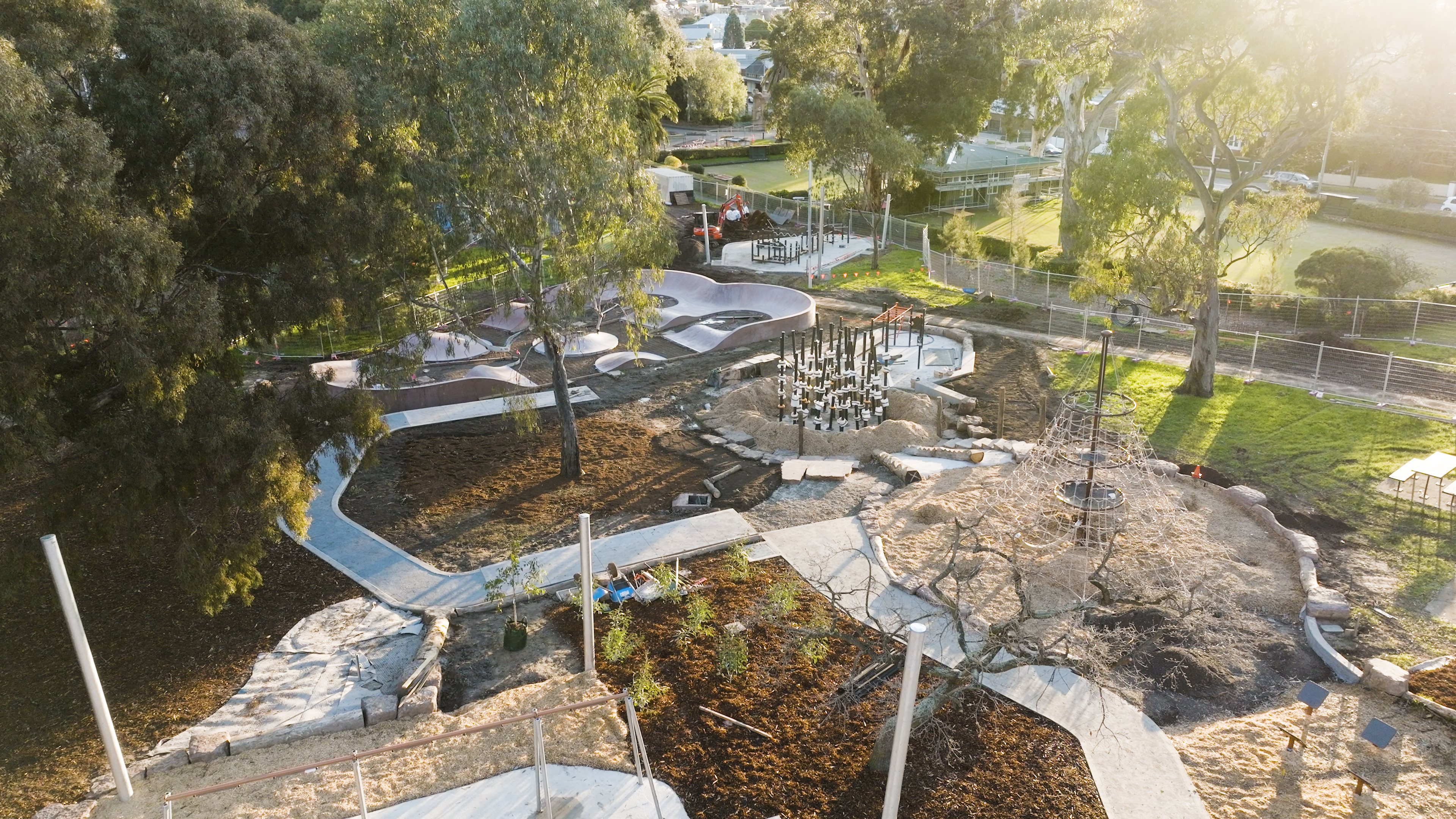Looking down on the Victoria park regional playground area that has been newly renovated with new equipment and landscaping
