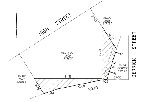 A map showing the block of land at 218-224 High Street, Kew, and showing where the proposed sale of land areas are on this block at the rear of the property