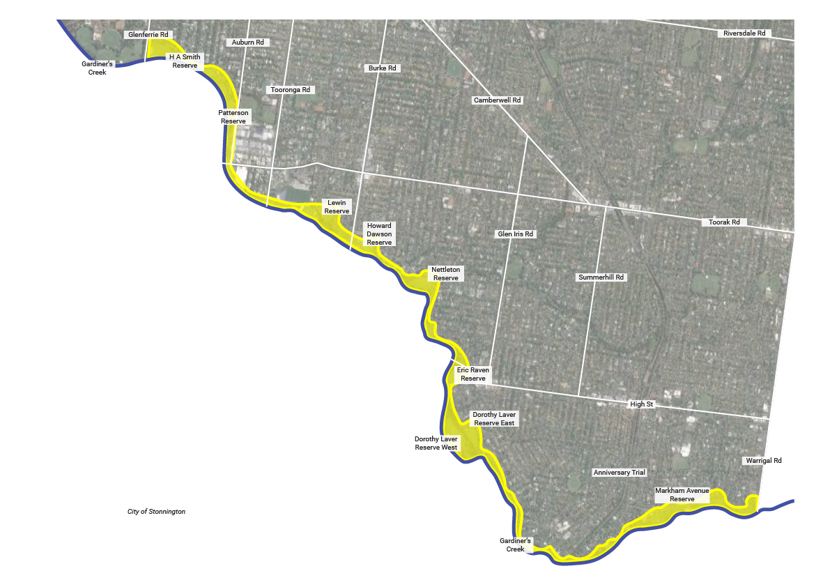 a map outlines the boundary of Boroondara and shows the area where we are trialling glysophate for weed management along the 